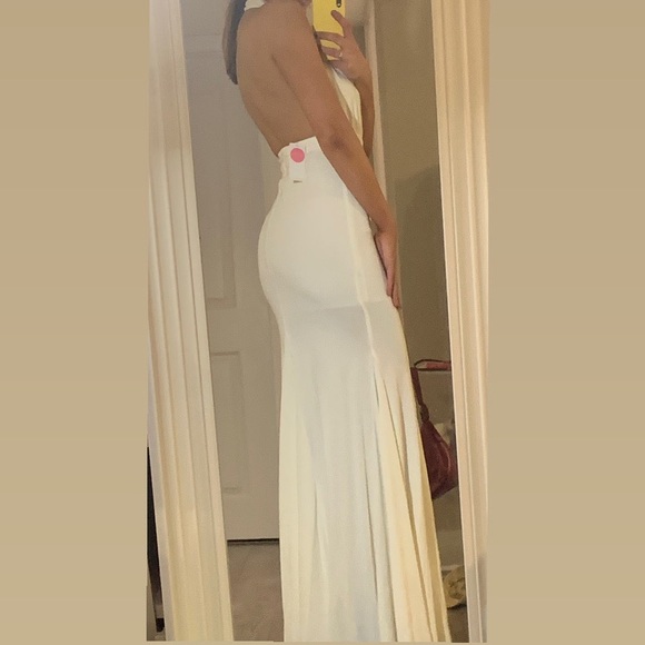 HONEY- ivory halter maxi formal dress with an open back and mermaid bottom. - Picture 3 of 7